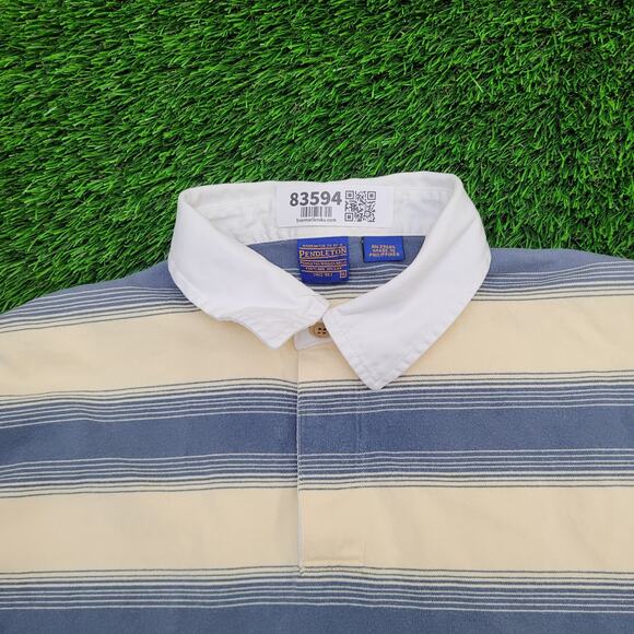 Vintage 90s Pendleton Stripes Polo Shirt L/XL 24x29 Blue Beige - Picture 10 of 12